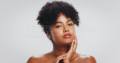Buy stock photo Self care, portrait and woman with lipstick, studio or color for beauty, makeup or white background. Mockup space, confident and skincare with cosmetics, dermatology and black person with smooth skin