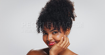 Buy stock photo Skincare, beauty and portrait of happy woman in studio for dermatology, wellness and skin glow. Mockup, space and African person with natural hair for cosmetics, grooming or salon on white background