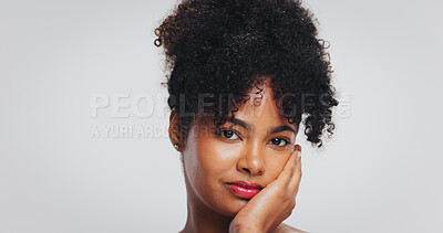 Buy stock photo Beauty, portrait and woman with lipstick, studio or color for skincare, makeup or white background. Mockup space, confident and skincare with cosmetics, dermatology and black person with smooth skin