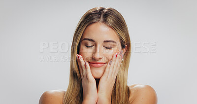 Buy stock photo Skincare, happy and woman in studio with cosmetic, natural or facial glow with confidence. Wellness, beauty and female person with dermatology for health, hydration and pride by white background.