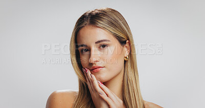 Buy stock photo Space, skincare and portrait of woman in studio for beauty, wellness or grooming on white background. Manicure, mockup and person with hands for skin glow, shine and cosmetics for dermatology results