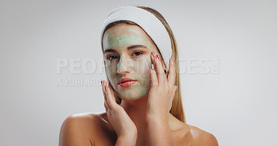 Buy stock photo Clay mask, skincare and portrait of woman in studio for beauty, wellness and detox on white background. Dermatology, mockup space and person with organic facial for anti aging, cosmetics and cleanse