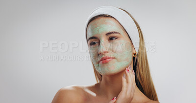 Buy stock photo Green mask, skincare and woman in studio for beauty, wellness and detox on white background. Dermatology, mockup space and person with organic facial for anti aging, natural cosmetics and cleanse