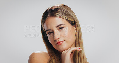 Buy stock photo Portrait, beauty and woman in studio with makeup, dermatology or cosmetic benefits with space. Confident, aesthetic or female person with natural skincare, self care or wellness on white background