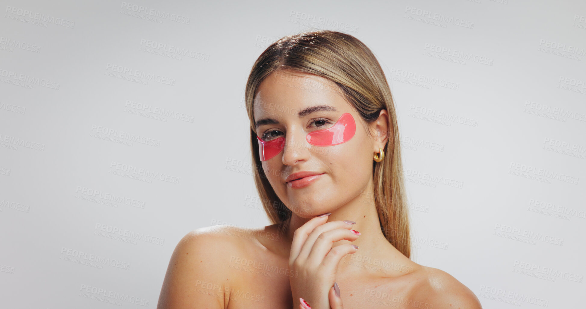 Buy stock photo Eye mask, skincare and portrait of woman on a white background for detox, wellness and beauty. Dermatology, mockup space and person with patches for anti aging, collagen benefits and facial in studio
