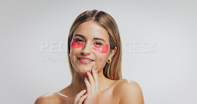 Buy stock photo Eye mask, beauty and portrait of woman in studio for detox, wellness and skincare on a white background. Dermatology, mockup space and person with patches for anti aging, collagen benefits and facial