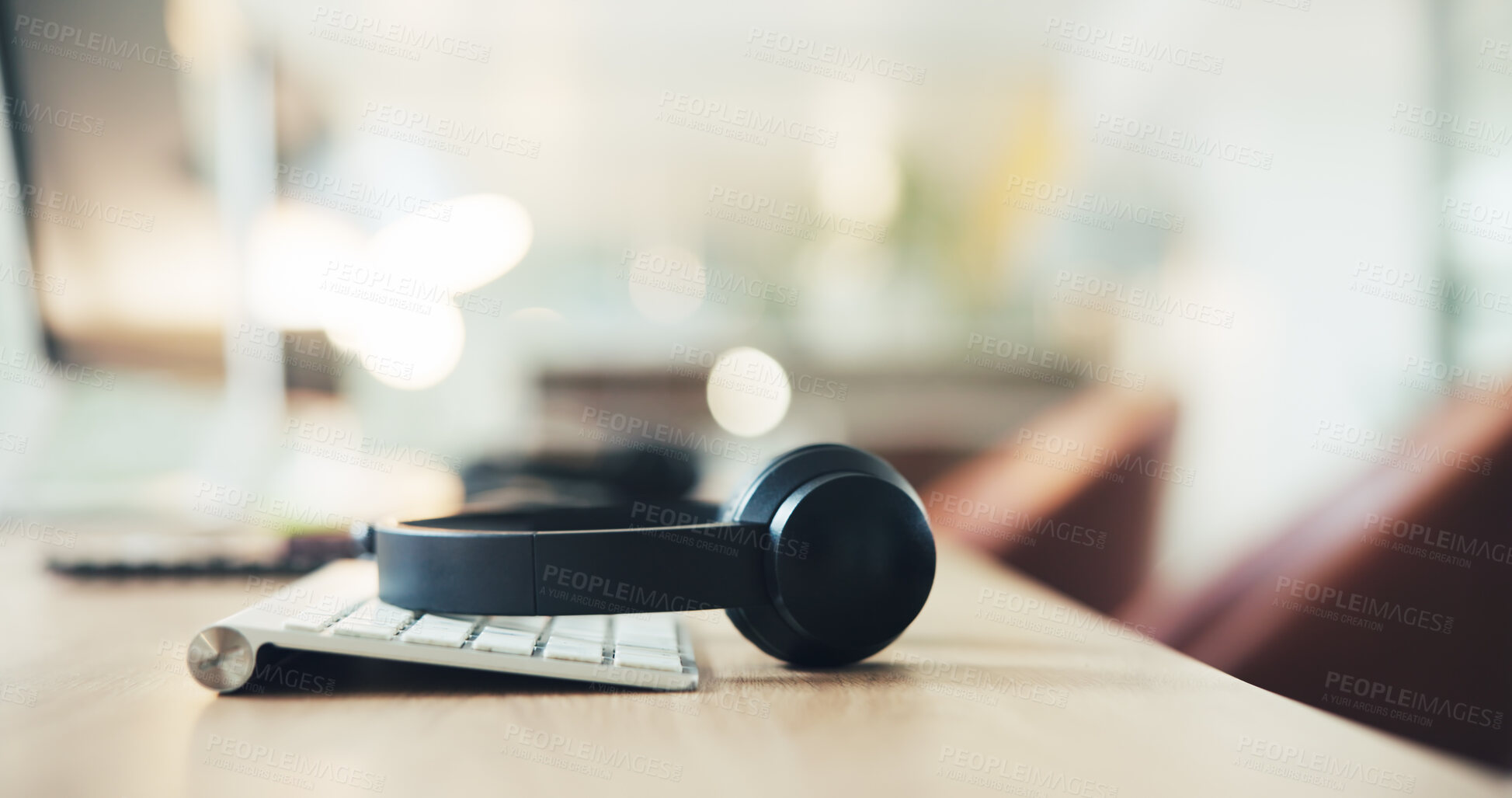 Buy stock photo Call center, keyboard and communication with headset in empty office for customer support, help desk or crm. Contact us, sales hotline and lead generation with headphones in agency interior for bokeh