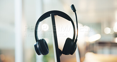 Buy stock photo Call center, computer and communication with headset in empty office for customer support, help desk or crm. Contact us, sales hotline and lead generation with headphones in agency interior for bokeh