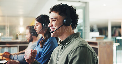 Buy stock photo Man, call center and fist pump with celebration at office, contact us and headset for telemarketing job. Person, agent and consultant with goals, excited and success with target, sale or achievement