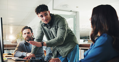 Buy stock photo Contact center, coaching and people on computer for help, feedback or quality assurance. Call monitoring specialist, team or training agent for crm compliance, customer service or support with advice