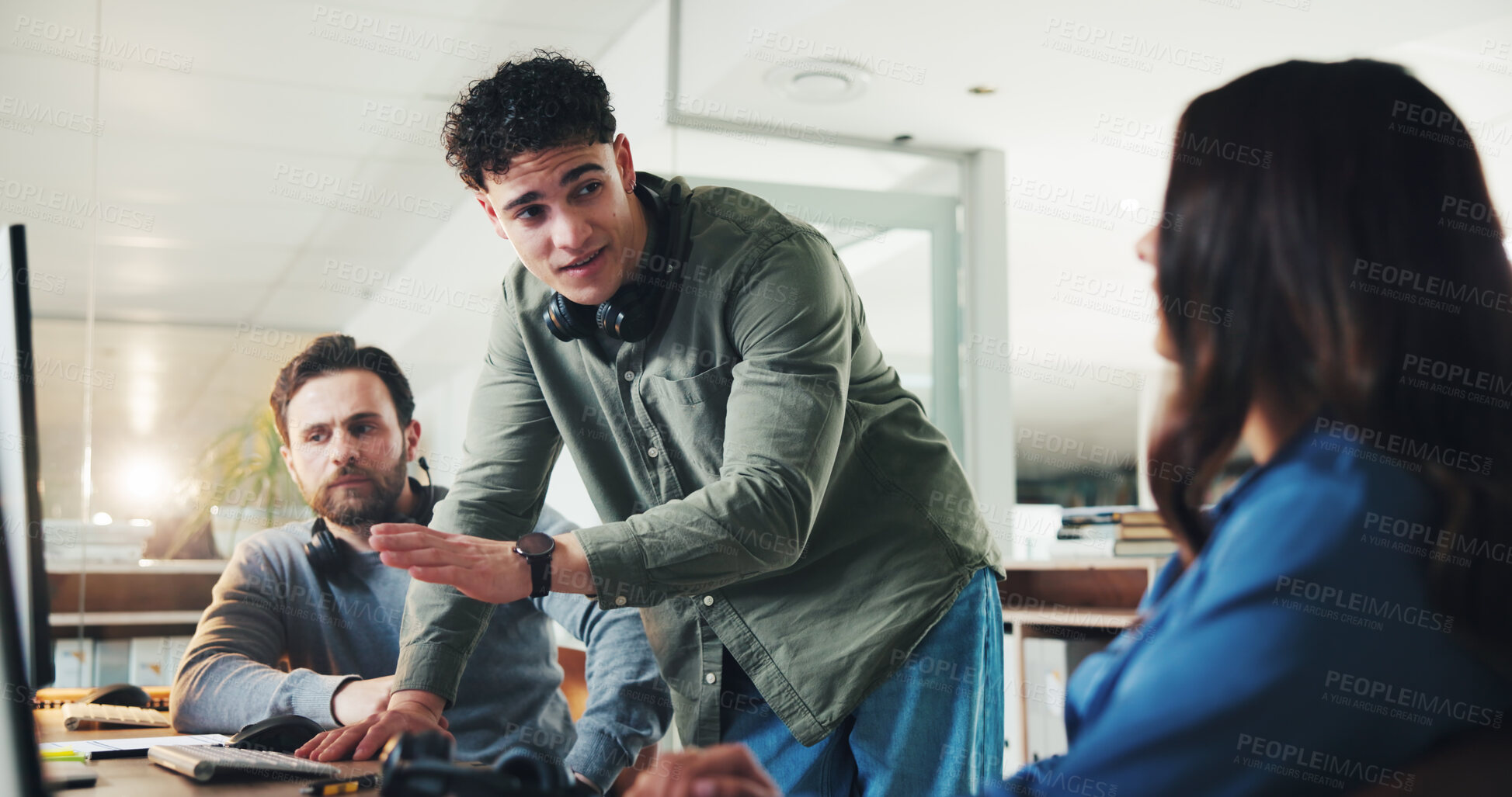 Buy stock photo Contact center, coaching and people on computer for help, feedback or quality assurance. Call monitoring specialist, team or training agent for crm compliance, customer service or support with advice