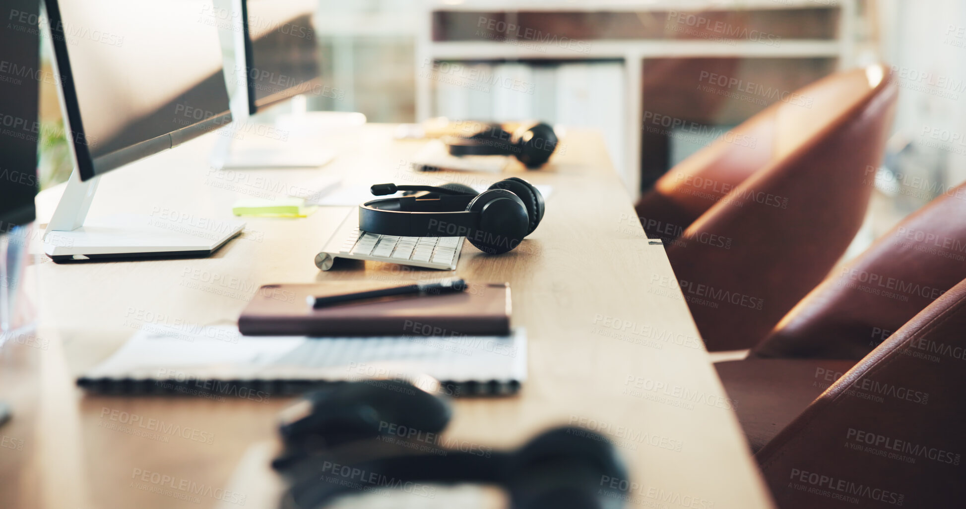 Buy stock photo Call center, keyboard and online with headset in empty office for customer support, help desk or crm. Contact us, sales hotline or lead generation with headphones in agency interior for communication