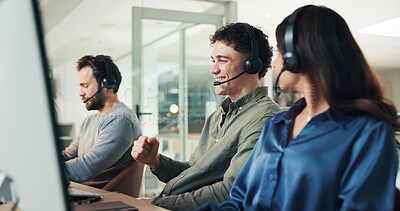 Buy stock photo Man, call center and fist pump with success at office, contact us and headset for telemarketing job. Person, agent and consultant with goals, coworking and celebration for target, sale or achievement