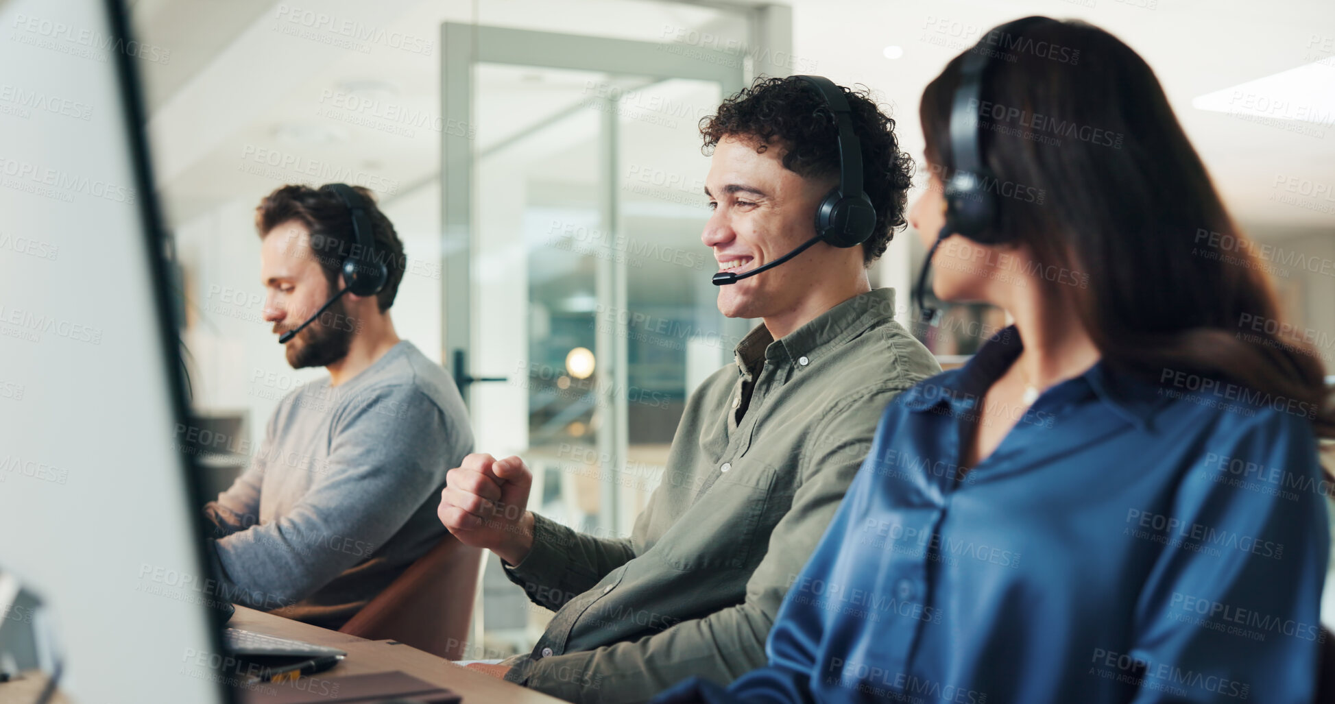 Buy stock photo Man, call center and fist pump with success at office, contact us and headset for telemarketing job. Person, agent and consultant with goals, coworking and celebration for target, sale or achievement