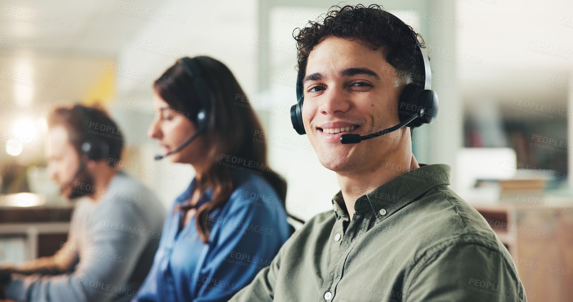 Buy stock photo Man, call center and portrait with smile at office, contact and headset for customer service career. Person, agent and consultant with pride, confidence or happy with voip mic for job at help desk