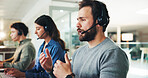 Man, call center and discussion with headset at office, contact us or explain for customer service solution. Person, agent and consultant with talk, advice and info for problem solving at workplace