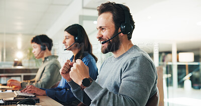 Buy stock photo Business, call center and man in office, success and achievement with kpi target, smile and contact us. People, consulting and happy employee in workplace, surprise and excited with help desk and crm