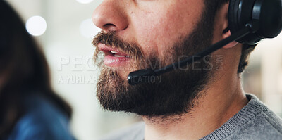 Buy stock photo Closeup, call center and man with headset, mouth and consulting with customer service. Bokeh, person and employee with assistance, space and communication with discussion, contact us or help desk