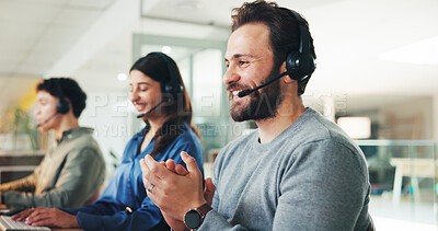 Buy stock photo Business, call center and man in office, applause and success with kpi target, smile and contact us. People, consulting and employee with help desk, clapping and achievement with celebration and crm