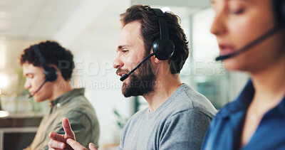 Buy stock photo Contact center, business man and consulting for help, feedback or quality assurance. Call monitoring specialist, team and agent speaking for crm compliance, customer service or support for coworking
