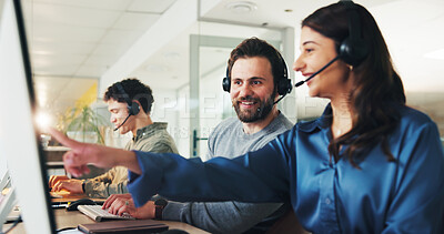 Buy stock photo Contact center, training and happy team on computer for help, feedback or quality assurance. Call monitoring specialist, group or coaching agent for crm compliance, customer service advice or support