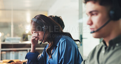 Buy stock photo Woman, call center and stress with headache at office, contact and frustrated with lost sale at company. Person, agent and consultant with burnout, fatigue and mistake with headset for telemarketing