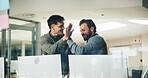 Business, computer or men with high five in office, celebrate growth or target goals for brand development. Happy, teamwork or creative agent in workplace, winning or project success in achievement