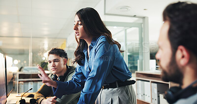 Buy stock photo Contact center, training and group on computer for help, feedback or quality assurance. Call monitoring specialist, team and coaching agent for crm compliance, customer service or support with advice