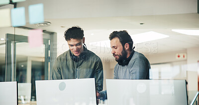 Buy stock photo Headset, call center and people in office with computer, explaining and crm tech support for business agency. Training, representative and telemarketing with help and mentor for learning and sales