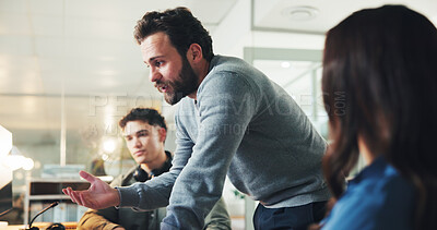 Buy stock photo Call center, help desk and business people in office, coaching and cooperation. Mentor, employees and men in workplace, woman, conversation or advice with feedback for system solution or tech support