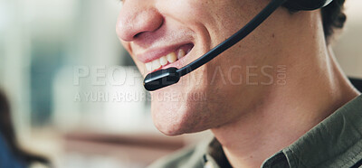 Buy stock photo Closeup, call center and happy man with headset, mouth and consulting with help desk. Smile, person and employee in workplace, assistance and communication with customer service, crm and tech support