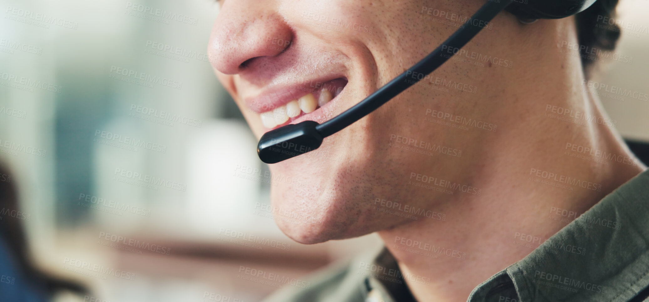 Buy stock photo Closeup, call center and happy man with headset, mouth and consulting with help desk. Smile, person and employee in workplace, assistance and communication with customer service, crm and tech support