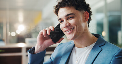 Buy stock photo Phone call, happy and businessman in office with contact, connectivity or negotiation for finance. Cellphone, smile and male financial advisor on mobile discussion for investment deal in workplace.