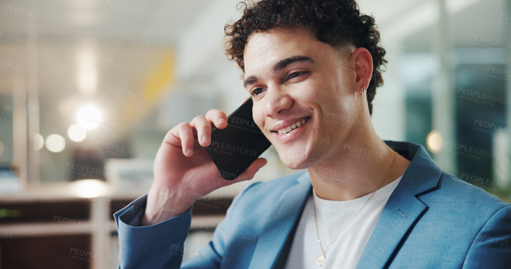 Buy stock photo Phone call, happy and businessman in office with contact, connectivity or negotiation for finance. Cellphone, smile and male financial advisor on mobile discussion for investment deal in workplace.