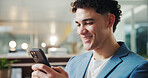 Business, smartphone and man in office, smile and typing with social media, app and message to contact. Happy person, mobile user and employee in workplace, cellphone and texting with online chatting