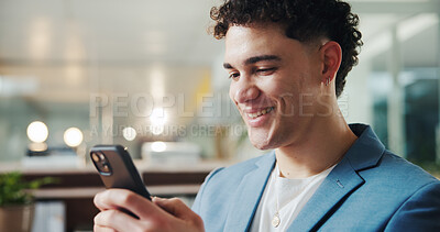 Buy stock photo Business, smartphone and man in office, smile and typing with social media, app and message to contact. Happy person, mobile user and employee in workplace, cellphone and texting with online chatting