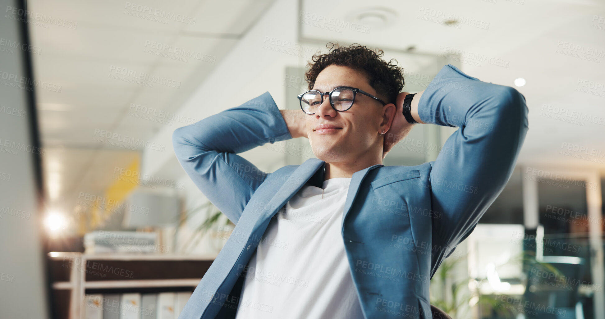 Buy stock photo Business, stretch and man in office with smile, positivity or completed task in project deadline. Relax, corporate and consultant in workplace with monitor, success or time management in target reach