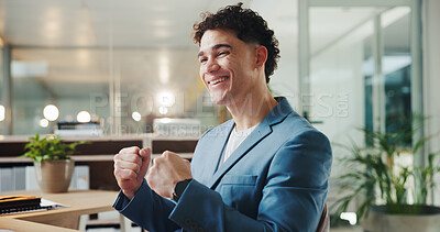 Buy stock photo Business, fist pump and man in office, celebration and smile with success, happiness or excited. Person, sales agent or employee in workplace, achievement or cheering with goals or winning gesture