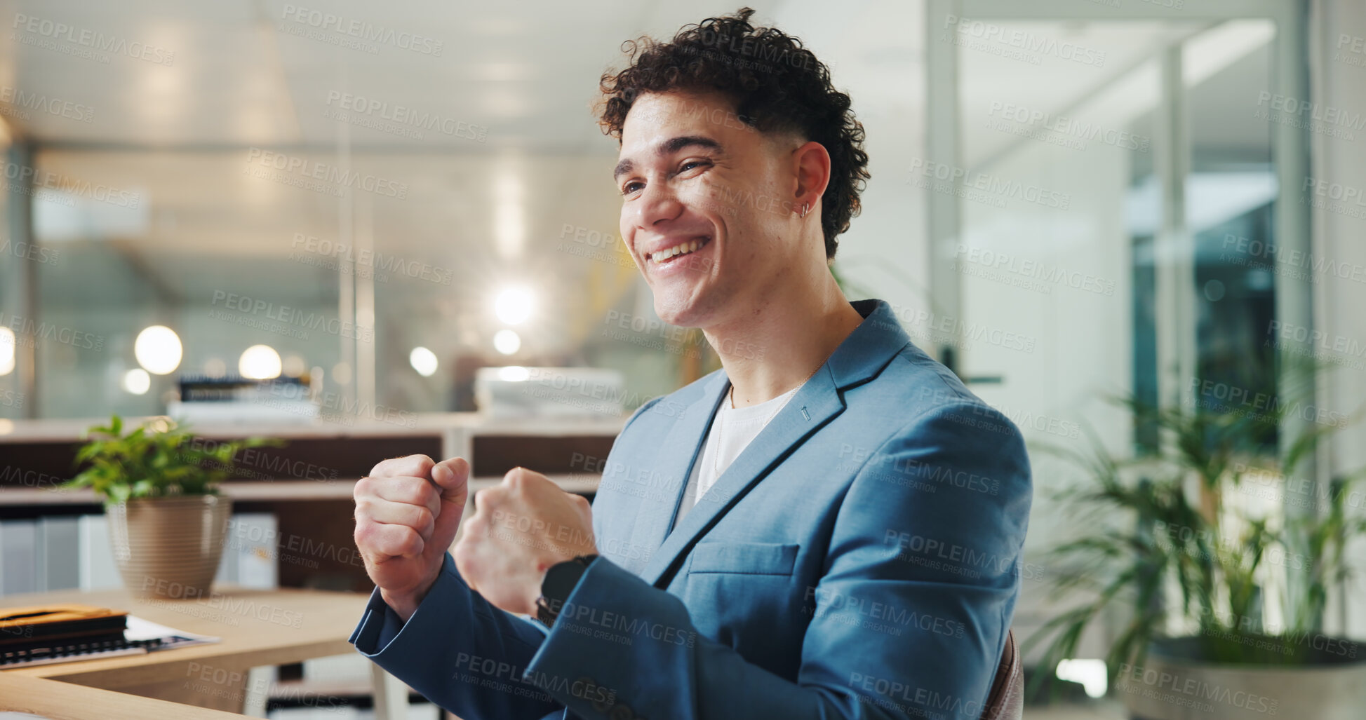 Buy stock photo Business, fist pump and man in office, celebration and smile with success, happiness or excited. Person, sales agent or employee in workplace, achievement or cheering with goals or winning gesture