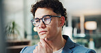 Business, thinking and man with glasses, reflection and copywriting with problem solving. Person, choice and journalist in office, eyewear or decision with company newsletter or research for article