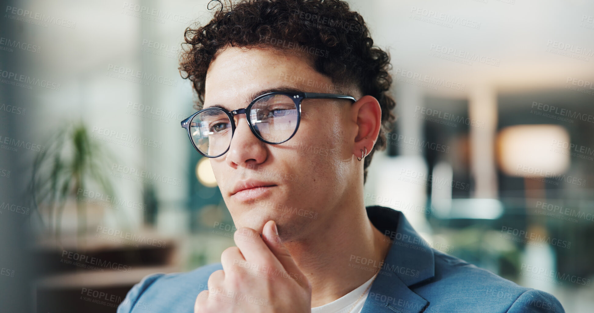 Buy stock photo Business, thinking and man with glasses, reflection and copywriting with problem solving. Person, choice and journalist in office, eyewear or decision with company newsletter or research for article