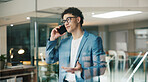 Phone call, thinking and update with business man in glass office for discussion or planning. Conversation, feedback and negotiation with professional employee in workplace for mobile communication