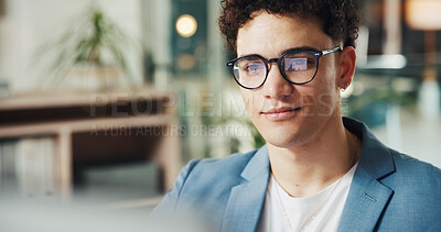 Buy stock photo Business, glasses and man in office, reflection or online reading with research for news report. Person, employee or journalist in workplace, eyewear or clear vision with creativity, editing or email
