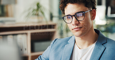 Buy stock photo Business, glasses and man with reflection, thinking or online reading with research for article. Person, email or journalist with eyewear, clear vision and creativity with planning for news report