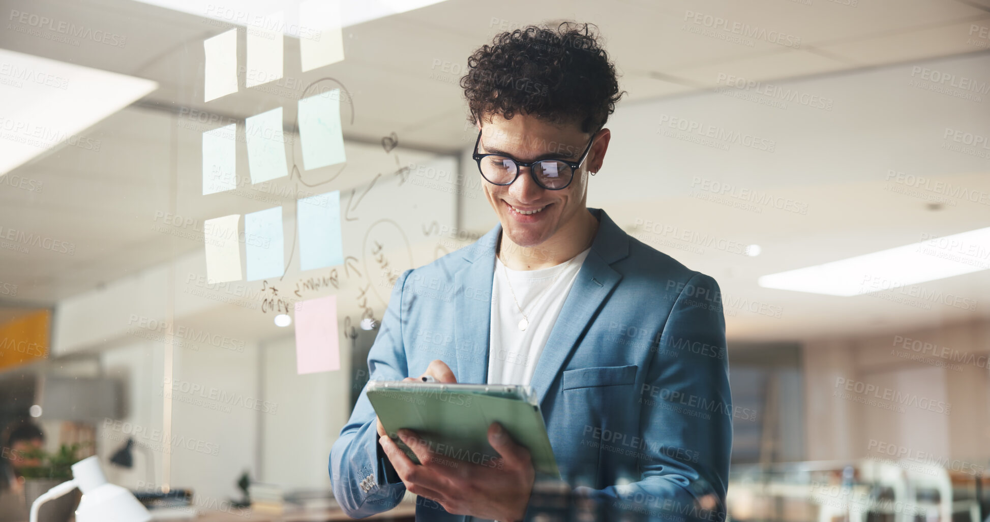 Buy stock photo Happy, businessman and research with tablet in office for schedule planning or brainstorming. Man, employee or smile with technology, app or ideas for reminder, project tasks or agenda in workplace