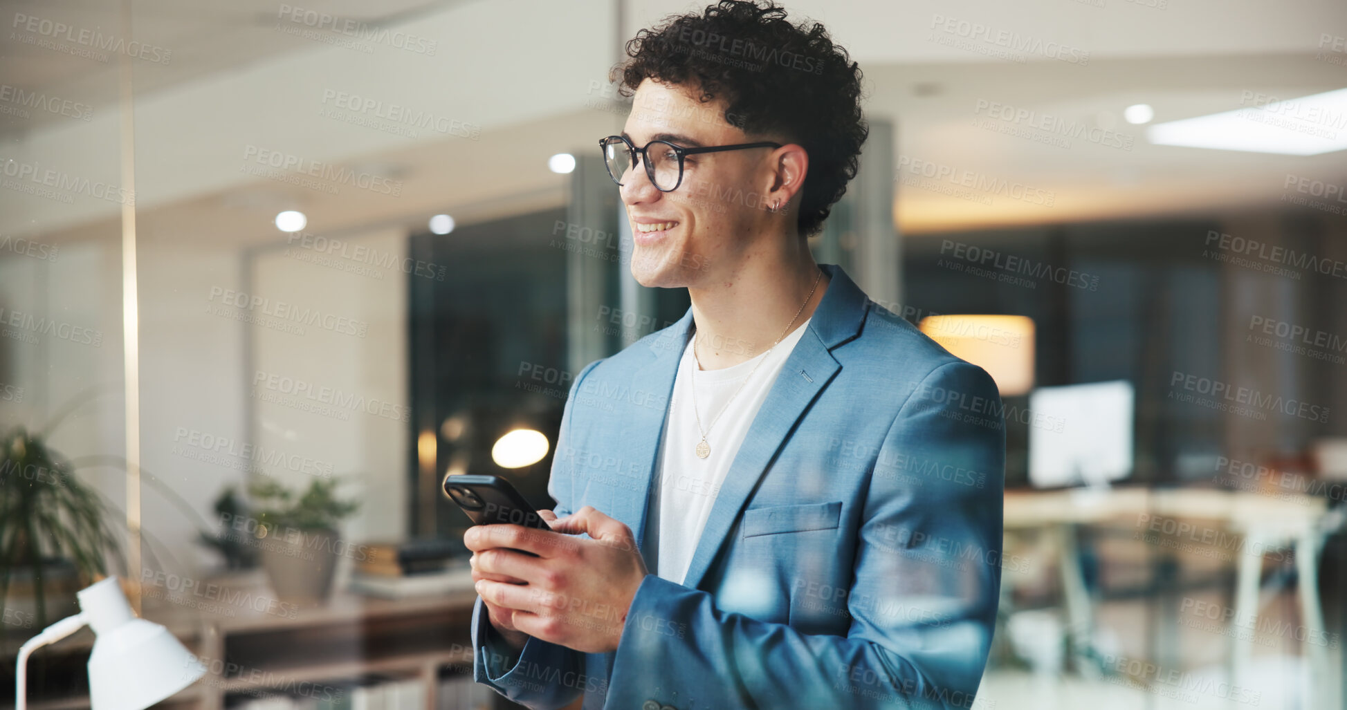 Buy stock photo Business, smartphone and man in office, thinking and social media with ideas, app and online chatting. Person, mobile user and employee in workplace, cellphone and decision with internet and smile