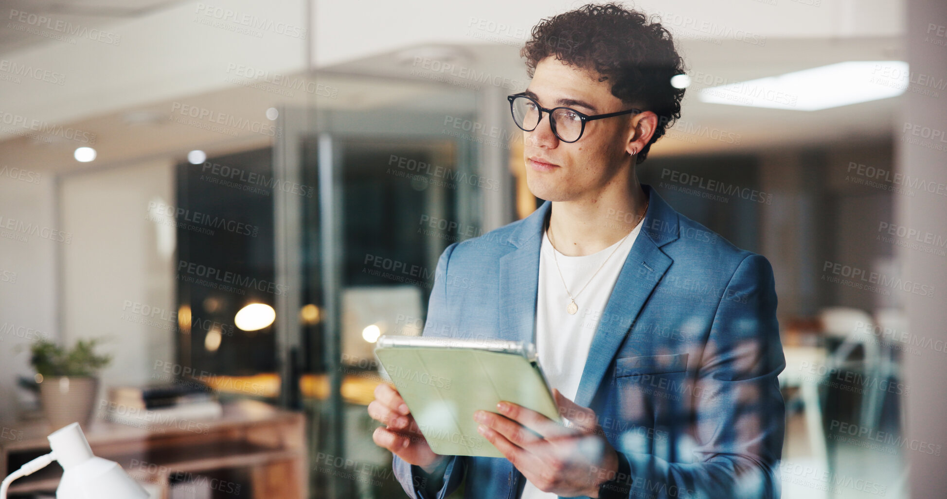 Buy stock photo Business, thinking and man in office, tablet and decision with choice, internet and idea for article. Person, employee and journalist in workplace, tech or research for news report or problem solving