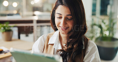 Buy stock photo Tablet, smile and research with business woman in office for event planning, venue coordinator and reading. Timeline progress, convention schedule and bokeh with person in agency for guest list