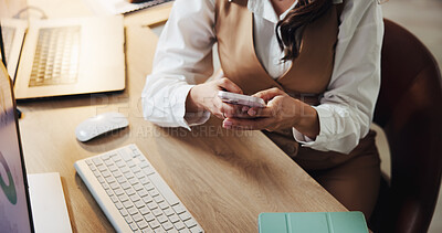 Buy stock photo Hands, phone and texting at office with contact, networking and research for project at media agency. Person, smartphone and above with app for notification, social network or web traffic at company