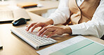 Typing, hands and woman in office, keyboard and email with research for news report. Person, employee and journalist with pc, internet and editing with deadline for publication and review article